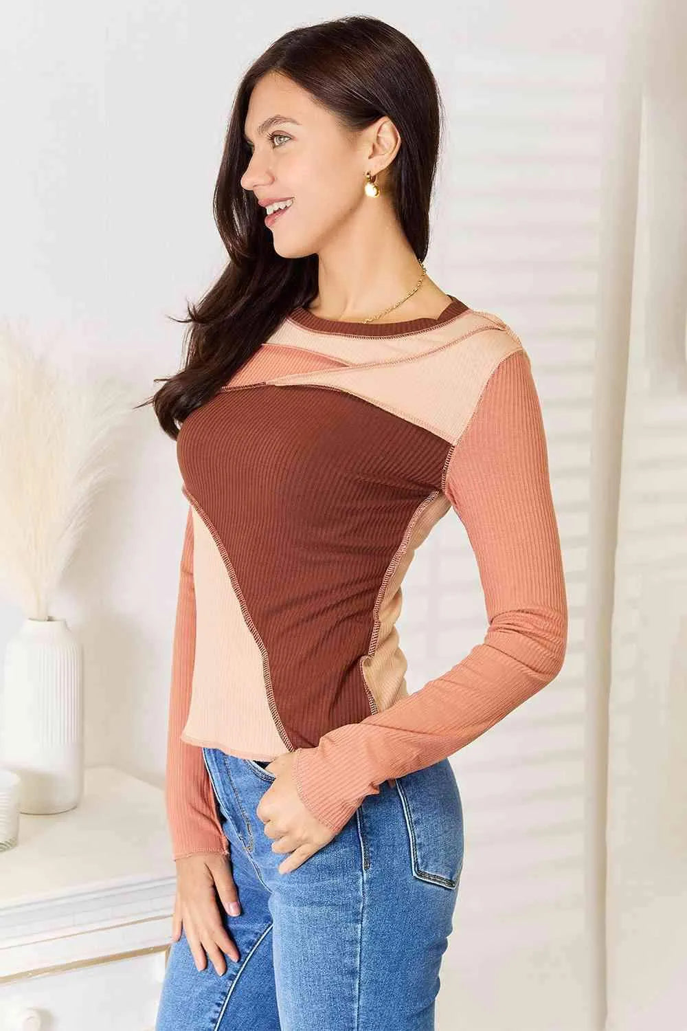 Double Take Color Block Exposed Seam Long Sleeve Top Blouses - Tophatter Daily Deals