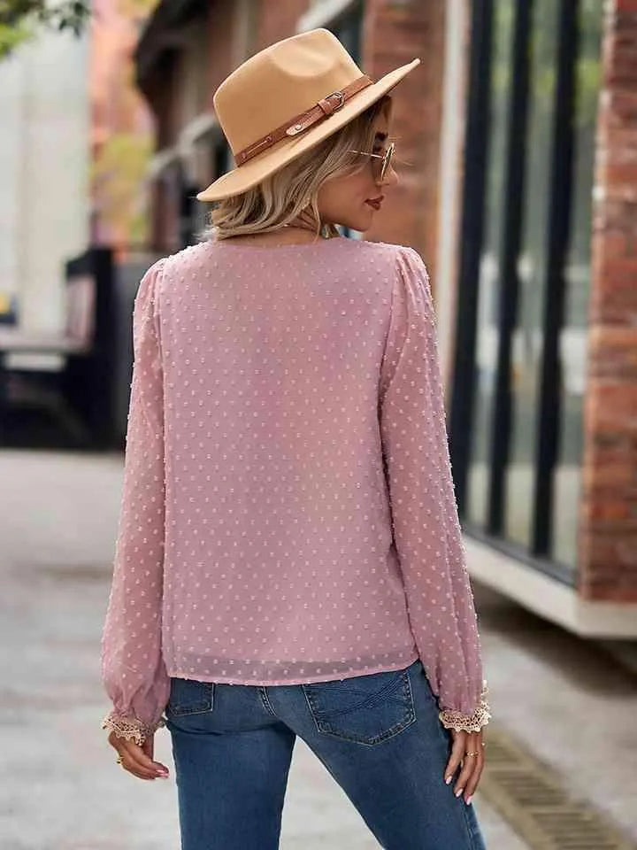 Swiss Dot V-Neck Long Sleeve Blouse Blouses - Tophatter Daily Deals
