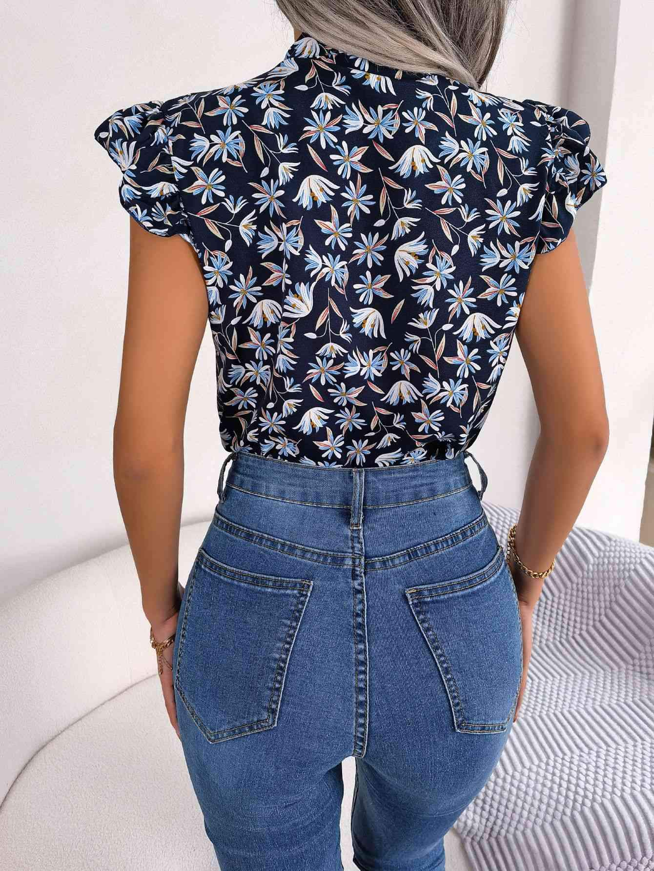 Floral Tie Neck Flutter Sleeve Blouse Blouses - Tophatter Daily Deals