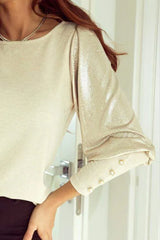 Buttoned Cuffs Shiny Puff Sleeves Top Blouses - Tophatter Daily Deals