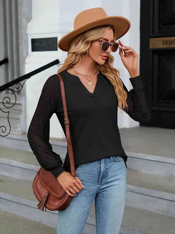 Notched Neck Raglan Sleeve Blouse Black Blouses - Tophatter Daily Deals