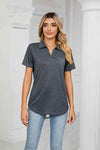 Curved Hem Johnny Collar Polo Shirt Blouses - Tophatter Daily Deals