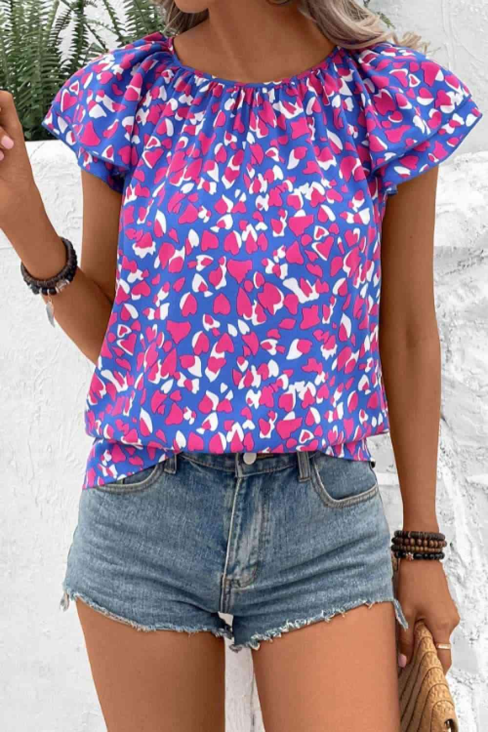 Printed Round Neck Flutter Sleeve Blouse Blouses - Tophatter Daily Deals