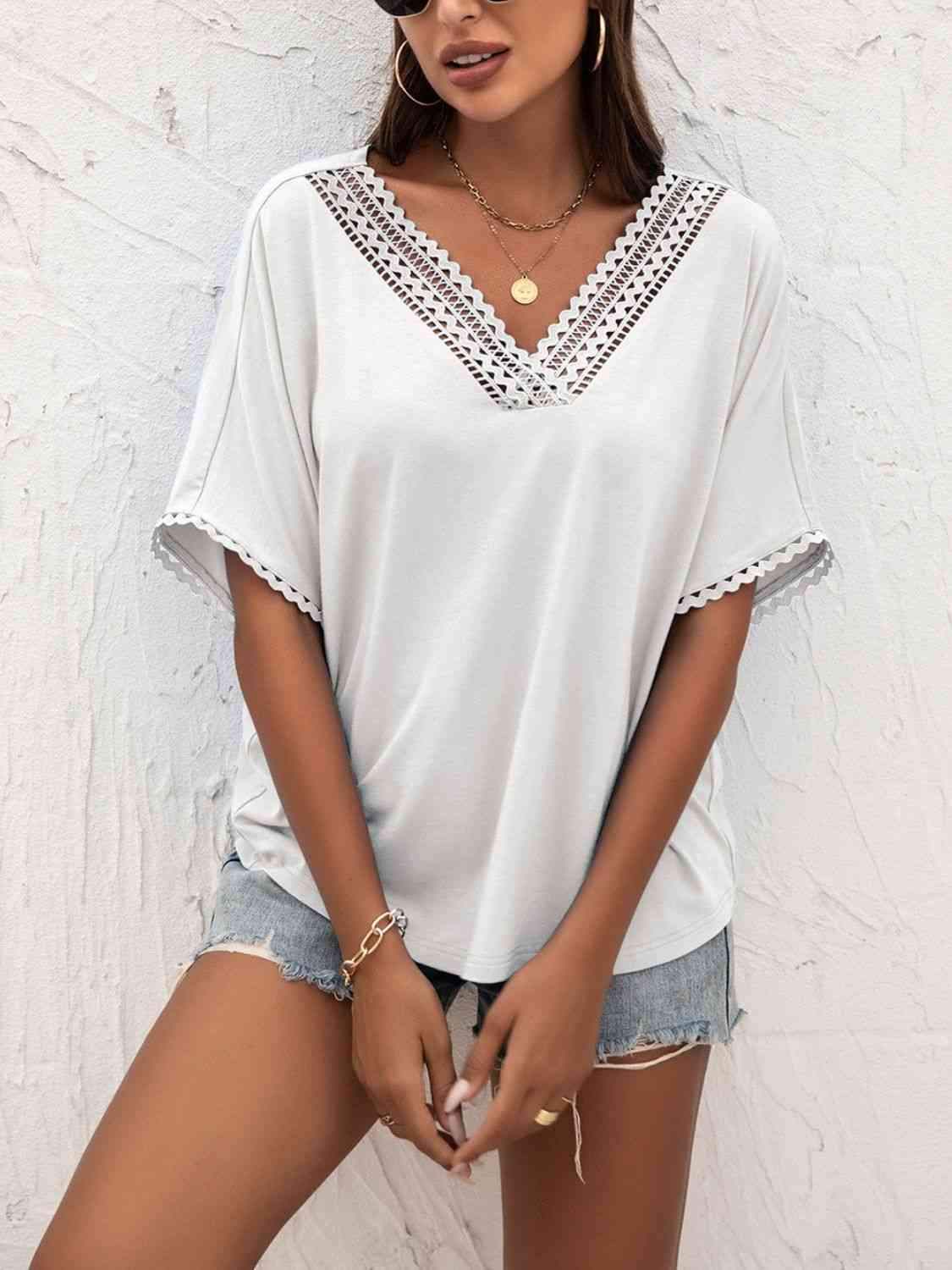 V-Neck Short Sleeve Blouse White Blouses - Tophatter Daily Deals