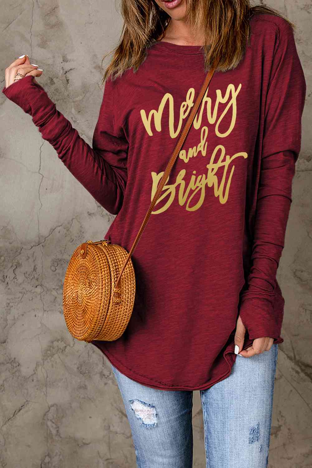 MERRY AND BRIGHT Graphic Long Sleeve T-Shirt Women's T-Shirts - Tophatter Daily Deals