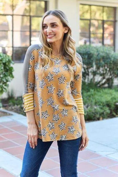 Celeste Design Full Size Leopard Star Contrast Top Blouses - Tophatter Daily Deals