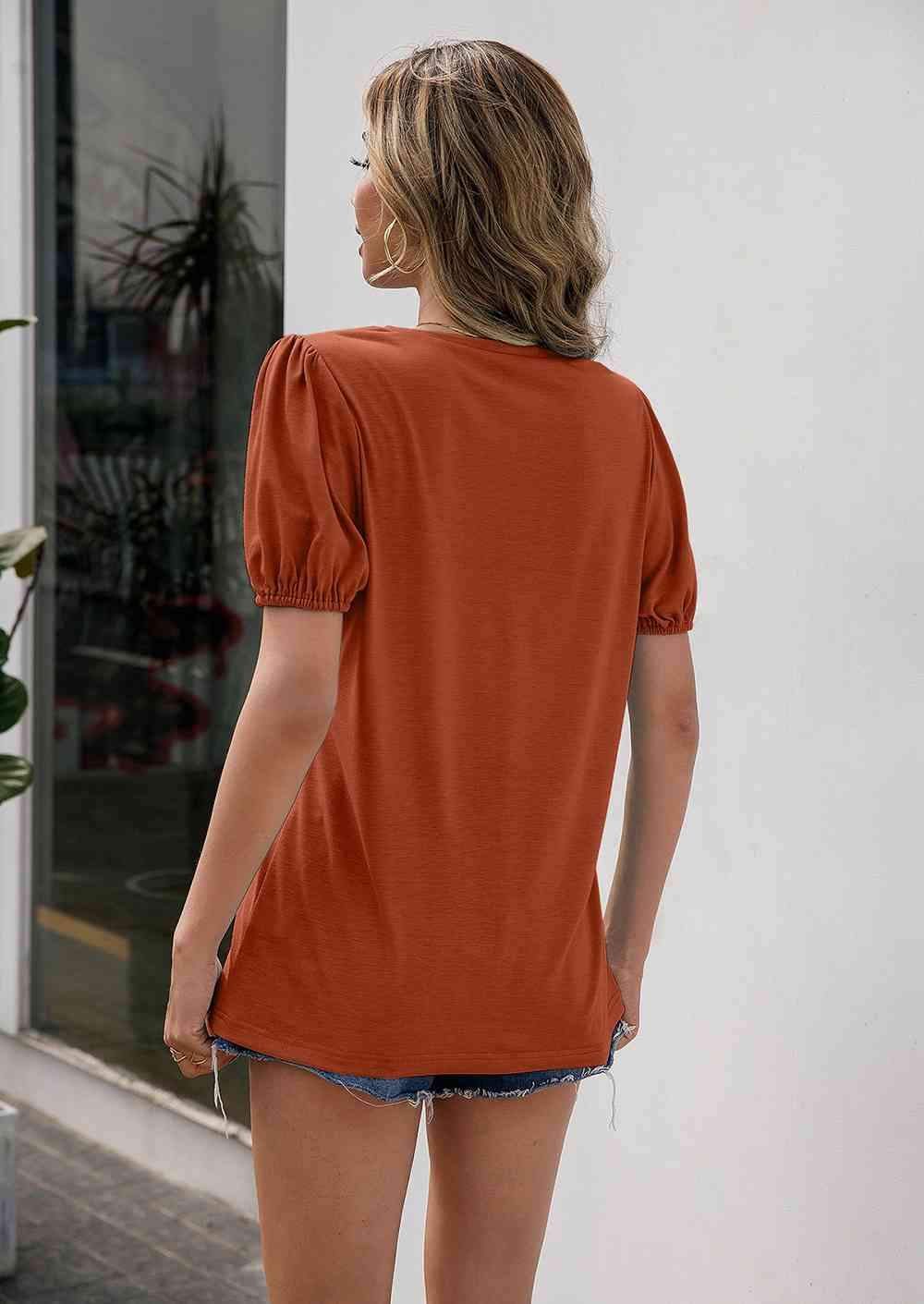 V-Neck Decorative Buttons Puff Sleeve Tee Women's T-Shirts - Tophatter Daily Deals