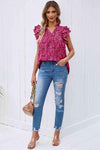 Floral Flutter Sleeve Notched Neck Blouse Blouses - Tophatter Daily Deals