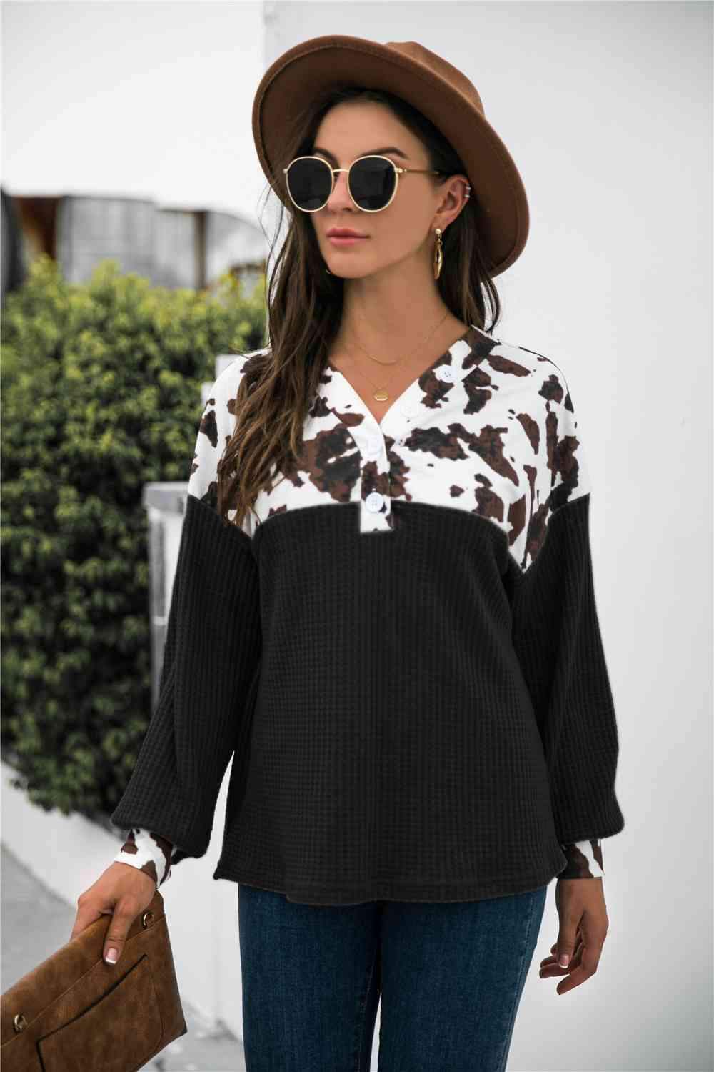 Animal Print Color Block Waffle-Knit Top Black Blouses - Tophatter Daily Deals