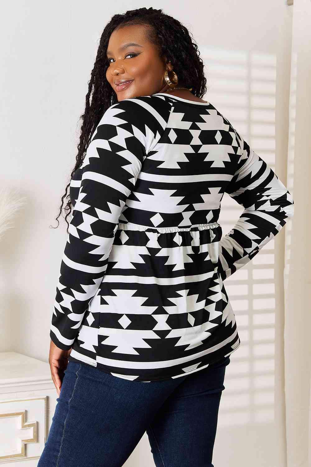 Heimish Full Size Geometric Notched Neck Long Sleeve Top Blouses - Tophatter Daily Deals