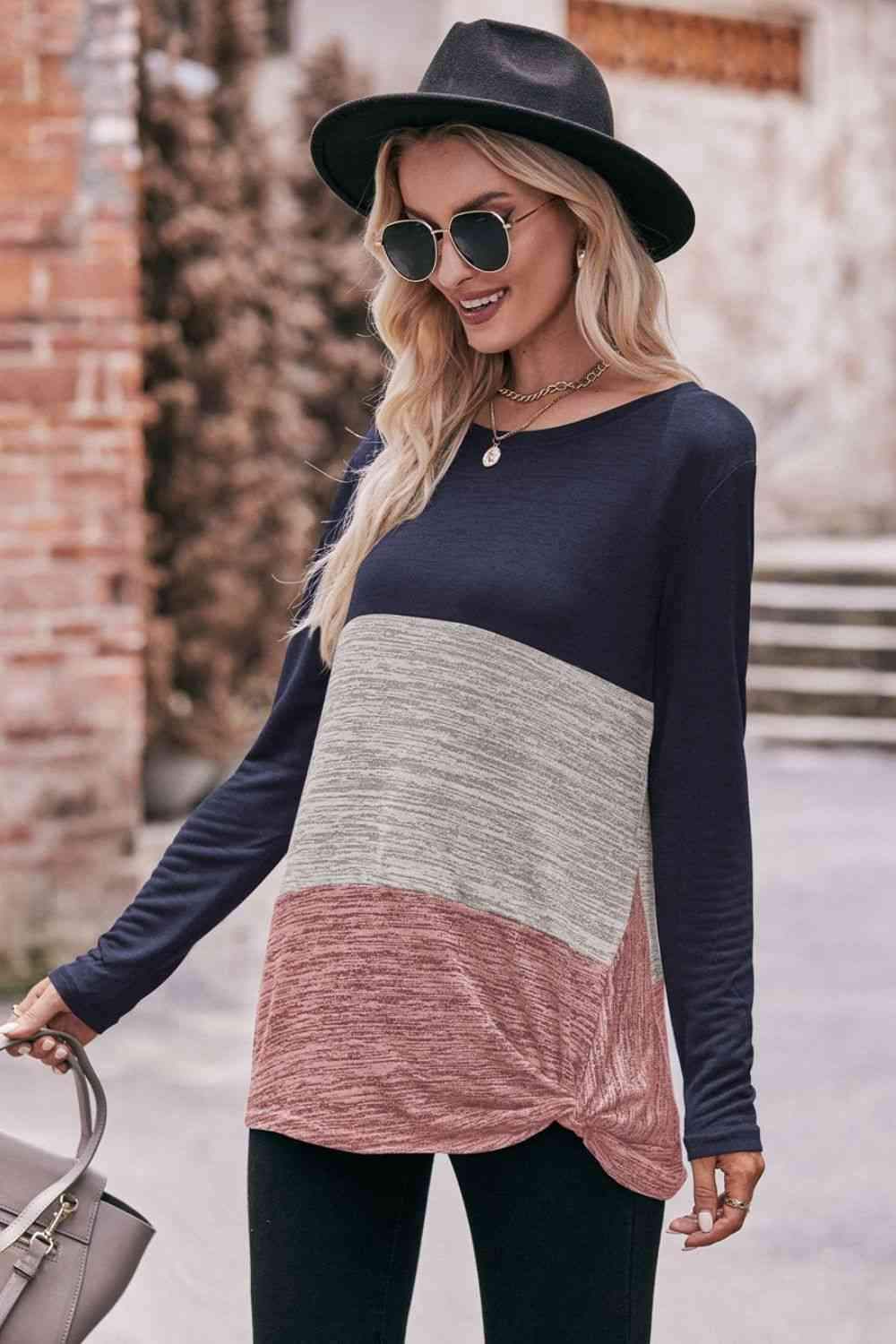 Color Block Twisted Detail Long Sleeve Top Blouses - Tophatter Daily Deals