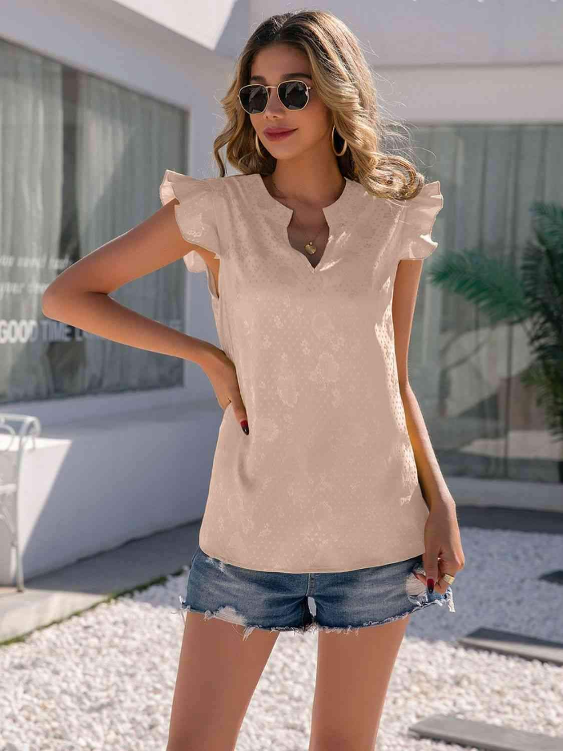 Notched Neck Butterfly Sleeve Blouse Light Apricot Blouses - Tophatter Daily Deals