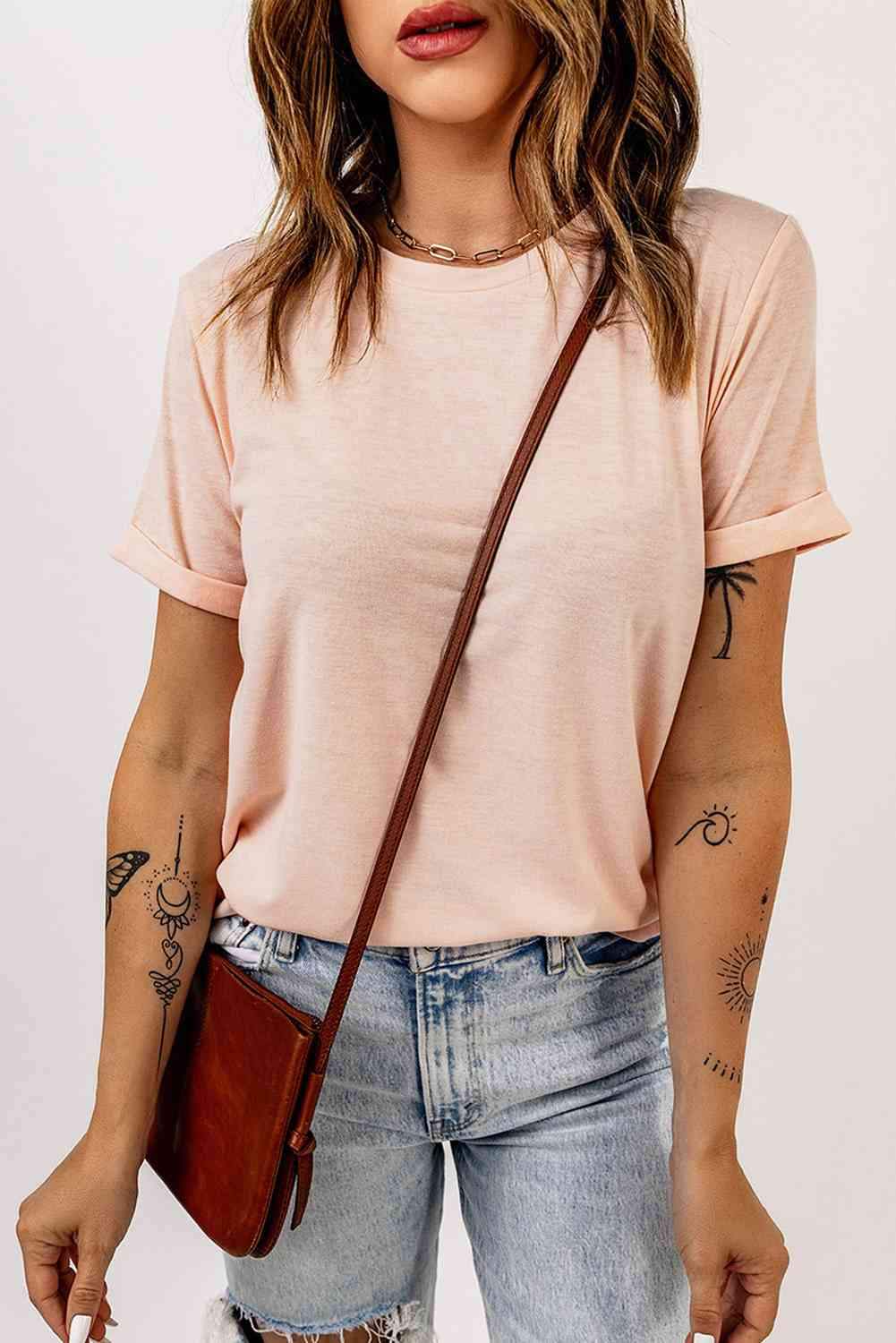 Round Neck Cuffed Short Sleeve Tee Blush Pink Women's T-Shirts - Tophatter Daily Deals