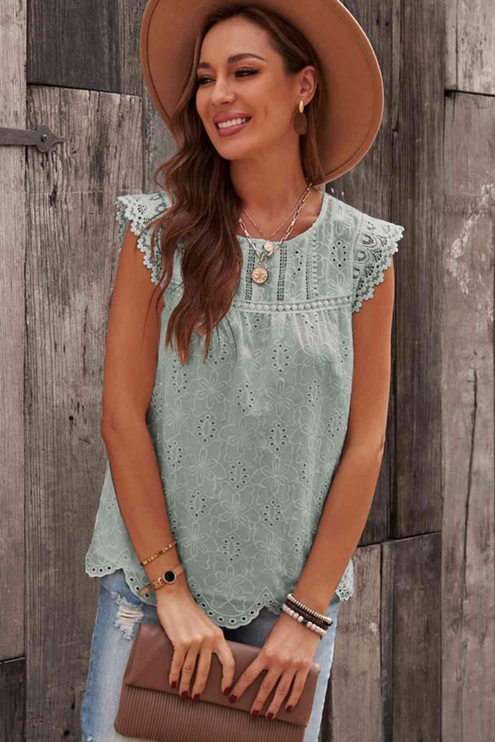 Sleeveless Eyelet Tank Top Blouses - Tophatter Daily Deals