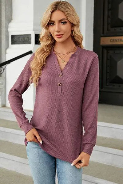 Waffle-Knit Notched Long Sleeve T-Shirt Dusty Purple Women's T-Shirts - Tophatter Daily Deals