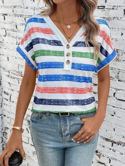 Striped V-Neck Short Sleeve T-Shirt Ultra marine Women's T-Shirts - Tophatter Daily Deals