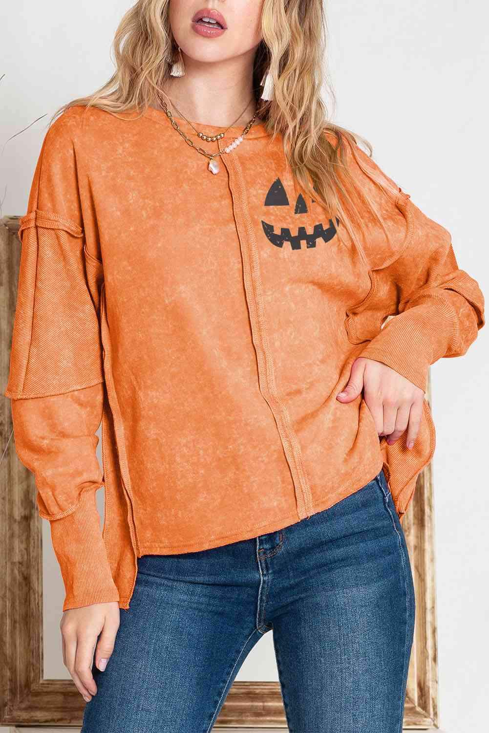 Round Neck Long Sleeve Jack-O'-Lantern Graphic Blouse Blouses - Tophatter Daily Deals