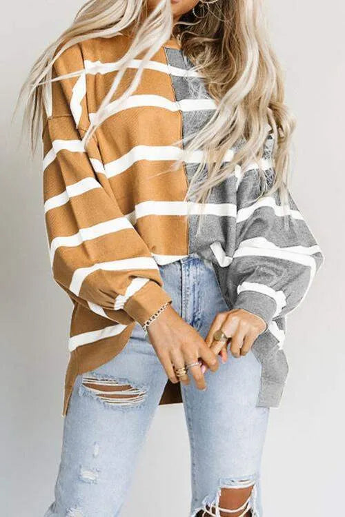 Striped Dropped Shoulder Round Neck Blouse Charcoal Blouses - Tophatter Daily Deals