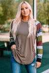 Double Take Color Block Curved Hem Long Sleeve Tee Khaki Women's T-Shirts - Tophatter Daily Deals