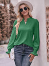 Double Take Eyelet Notched Neck Flounce Sleeve Blouse Mid Green Blouses - Tophatter Daily Deals