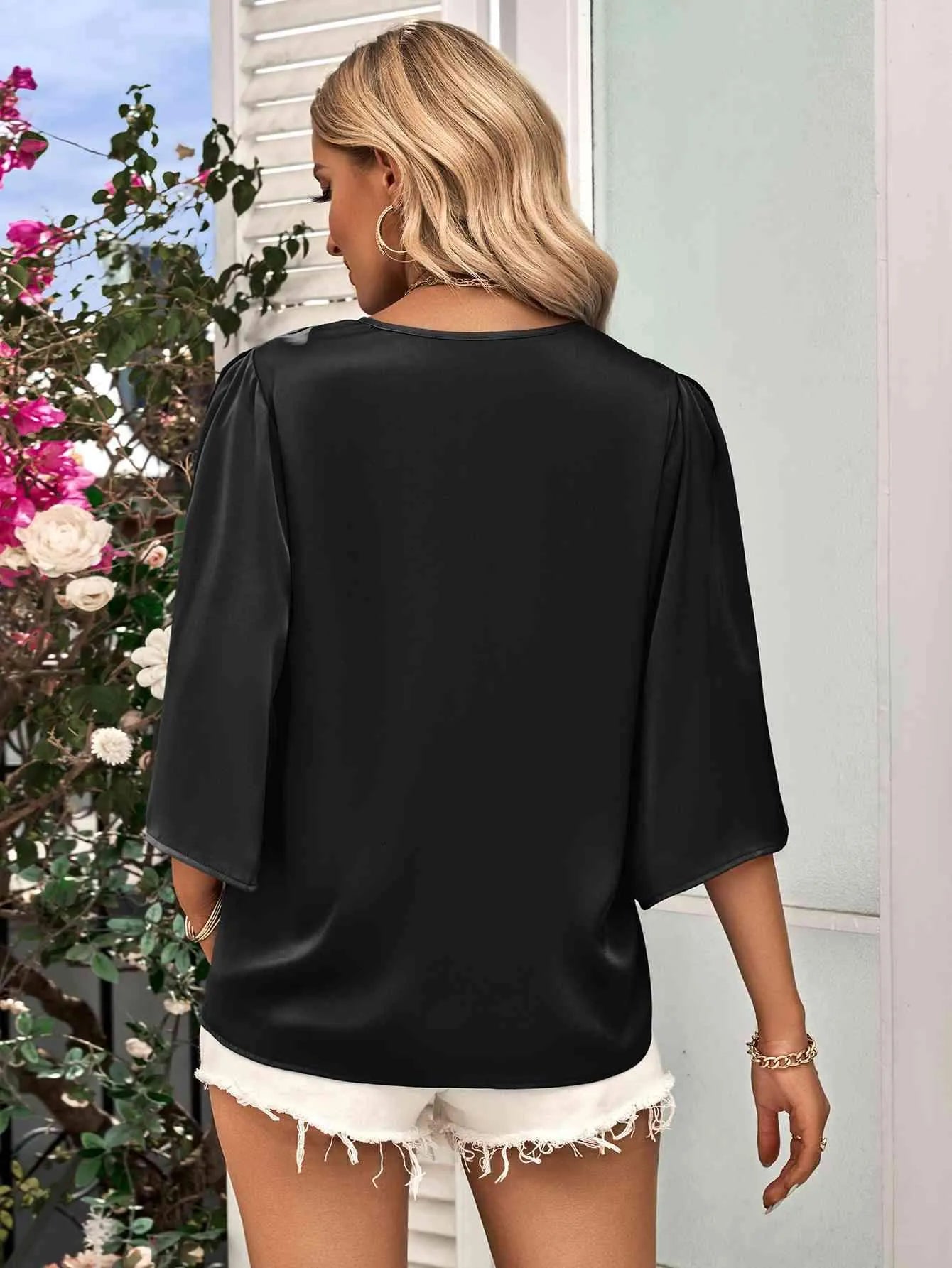 Three-Quarter Flare Sleeve V-Neck Blouse Blouses - Tophatter Daily Deals