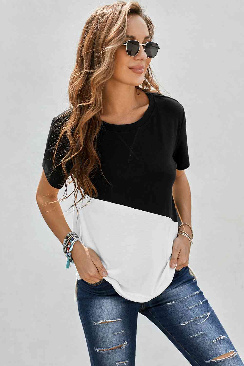 Two-Tone Round Neck Tee Women's T-Shirts - Tophatter Daily Deals