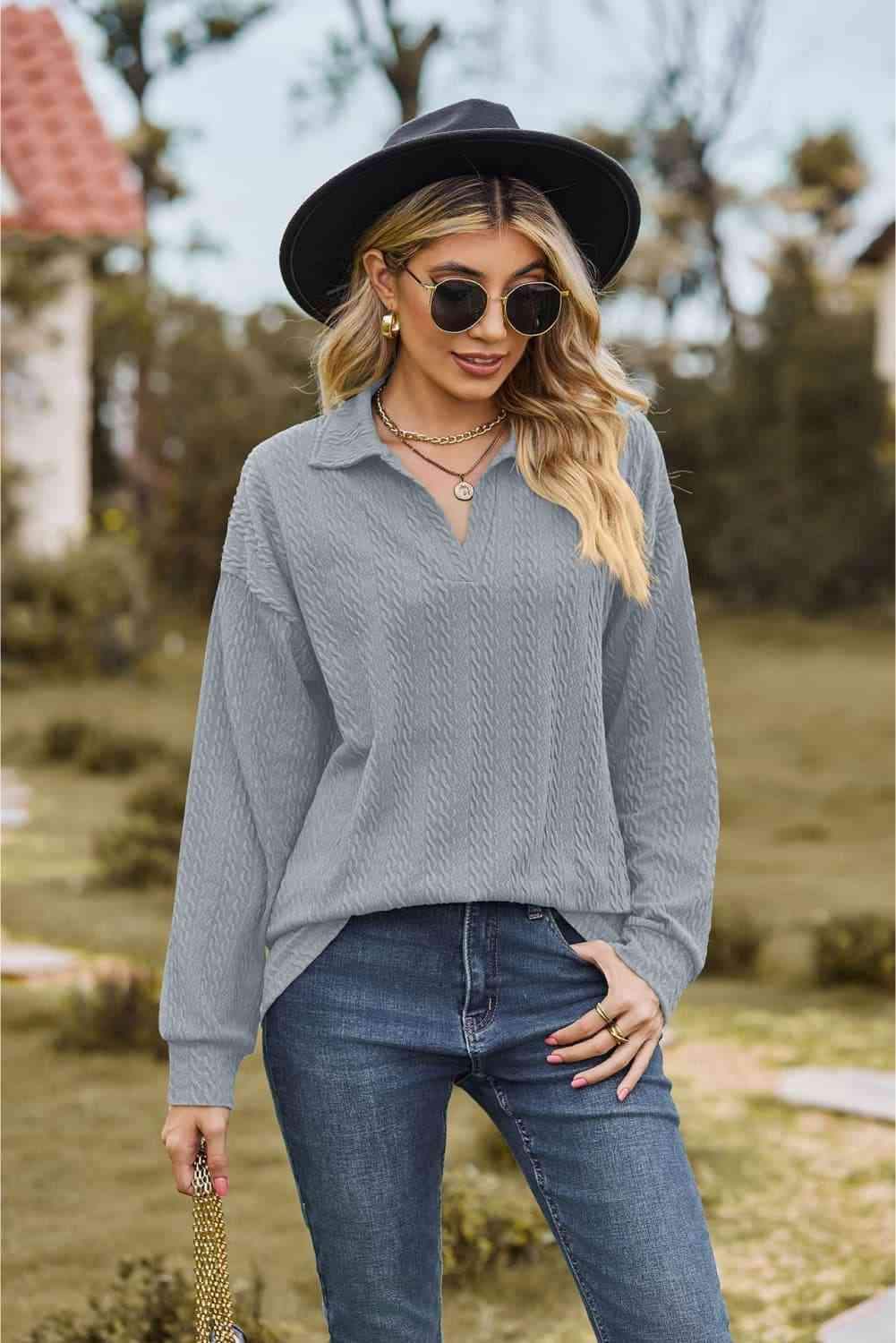 Collared Neck Cable-Knit Long Sleeve Blouse Misty Blue Blouses - Tophatter Daily Deals