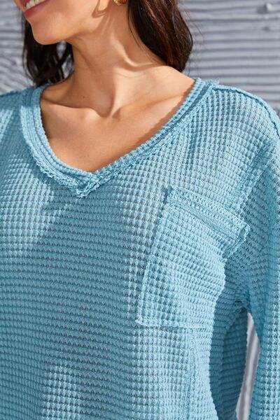 Waffle-Knit V-Neck Blouse with Breast Pocket Blouses - Tophatter Daily Deals