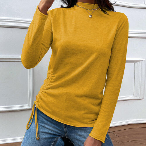 Drawstring Mock Neck Long Sleeve T-Shirt True Yellow One Size Women's T-Shirts - Tophatter Daily Deals