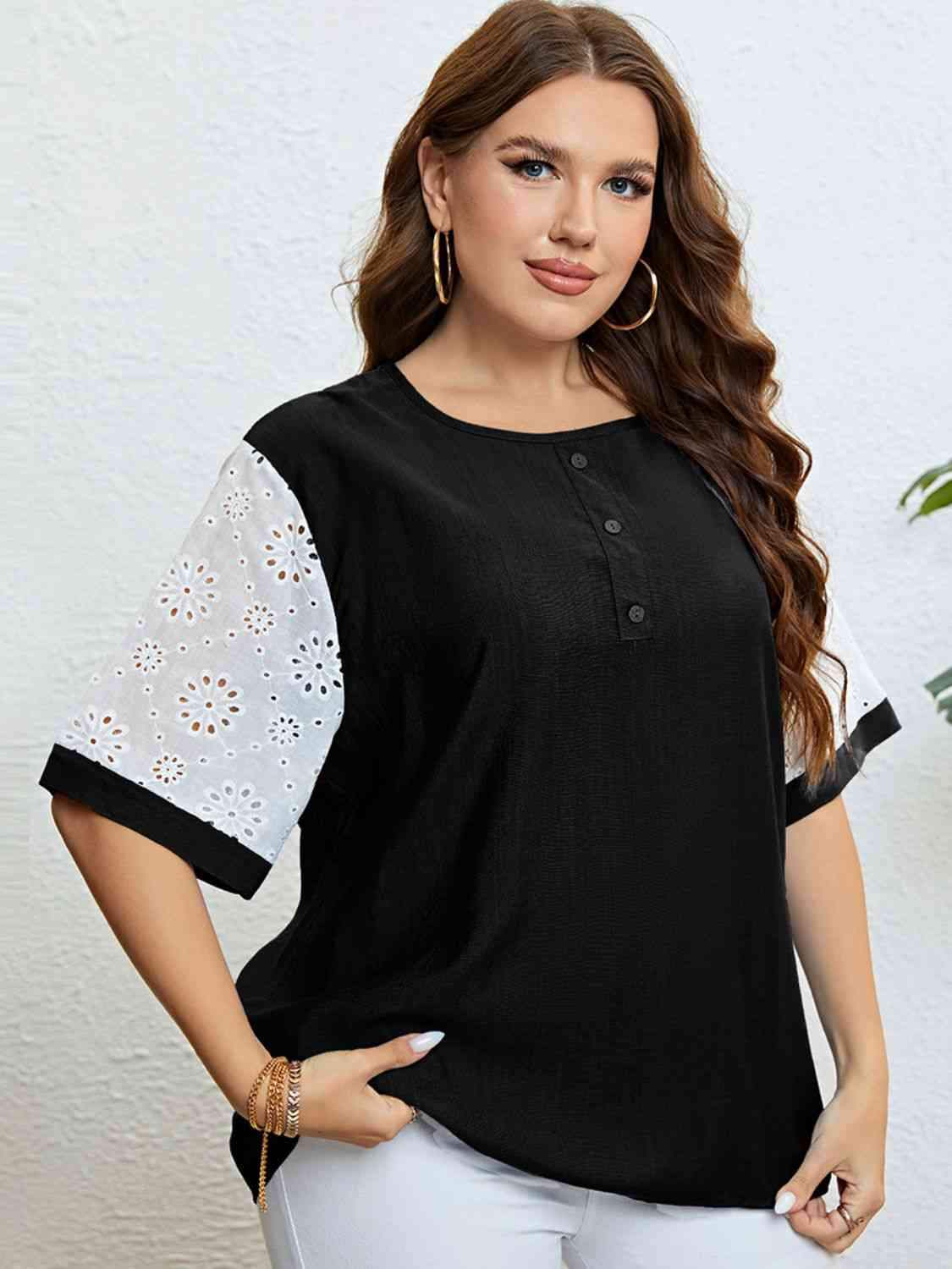 Plus Size Contrast Decorative Button Half Sleeve Top Blouses - Tophatter Daily Deals