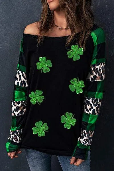 Lucky Clover Plaid Long Sleeve T-Shirt Women's T-Shirts - Tophatter Daily Deals