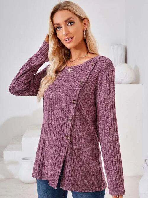 Ribbed Buttoned Round Neck Slit T-Shirt Women's T-Shirts - Tophatter Daily Deals