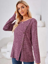 Ribbed Buttoned Round Neck Slit T-Shirt Women's T-Shirts - Tophatter Daily Deals