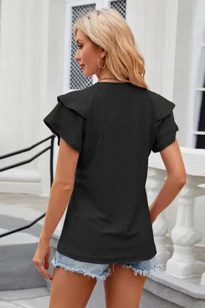 Eyelet Notched Short Sleeve T-Shirt Women's T-Shirts - Tophatter Daily Deals