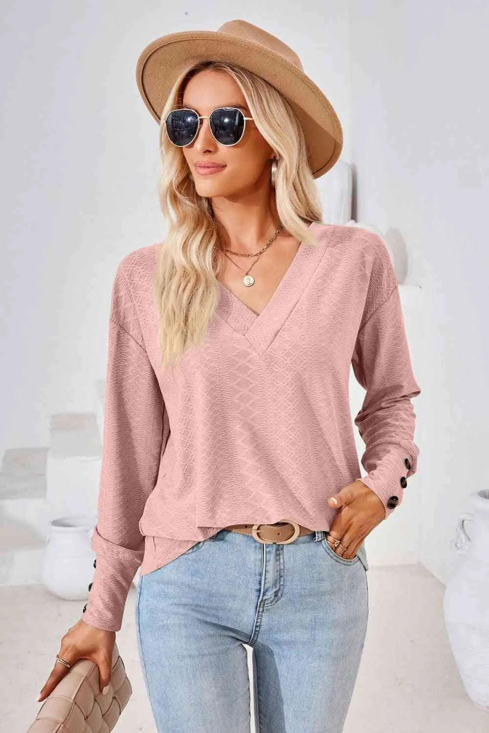 V-Neck Long Sleeve Blouse Dusty Pink Blouses - Tophatter Daily Deals