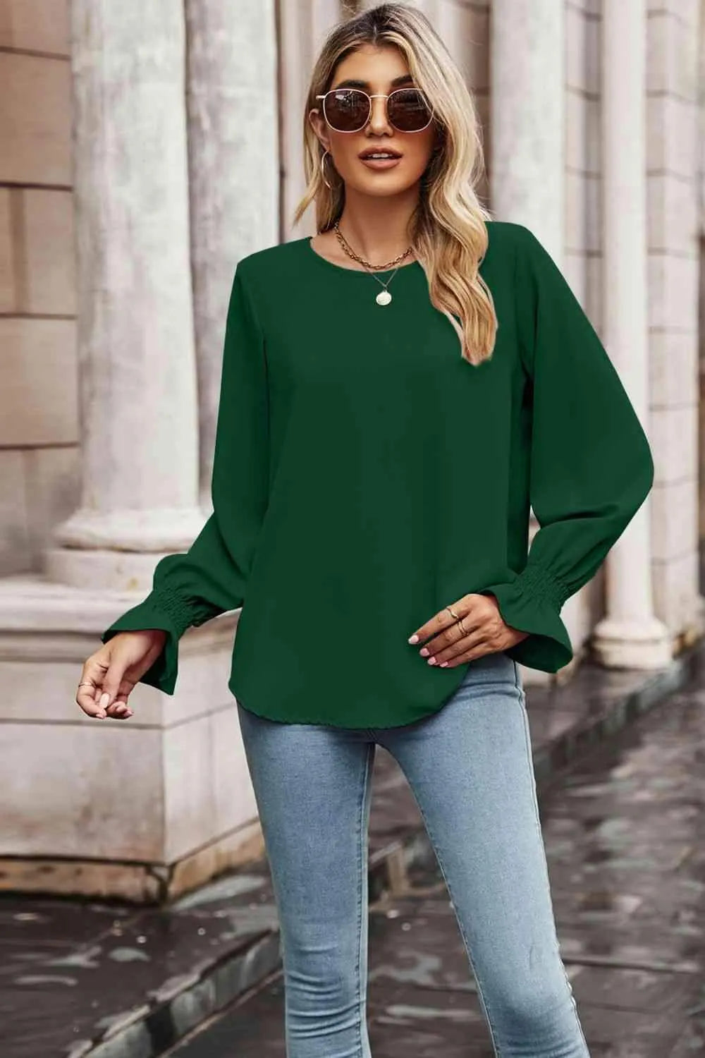 Round Neck Long Flounce Sleeve Blouse Forest Blouses - Tophatter Daily Deals