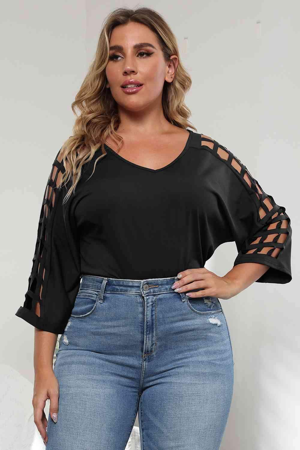 3/4 Sleeve Cutout Detail Top Black Women's T-Shirts - Tophatter Daily Deals