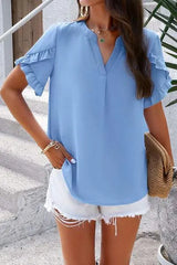 Notched Ruffled Petal Sleeve T-Shirt Women's T-Shirts - Tophatter Daily Deals