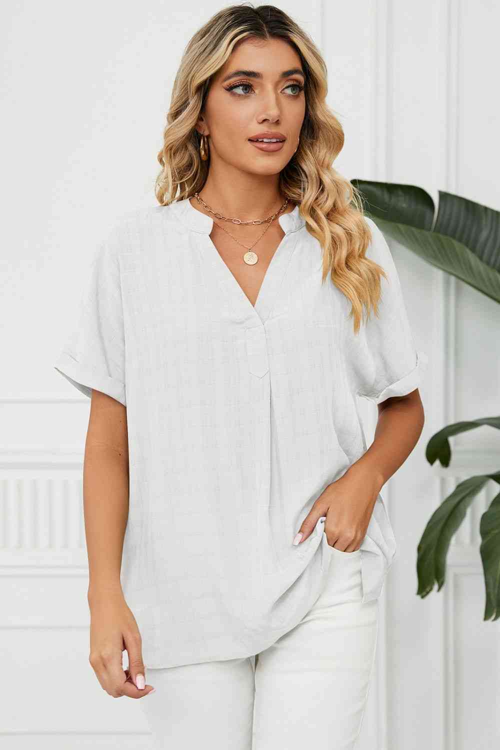 Side Slit Notched Neck Cuffed Short Sleeve Blouse - Tophatter Deals