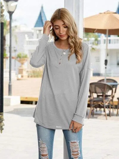 Quarter Button Round Neck Dropped Shoulder T-Shirt Light Gray Women's T-Shirts - Tophatter Daily Deals