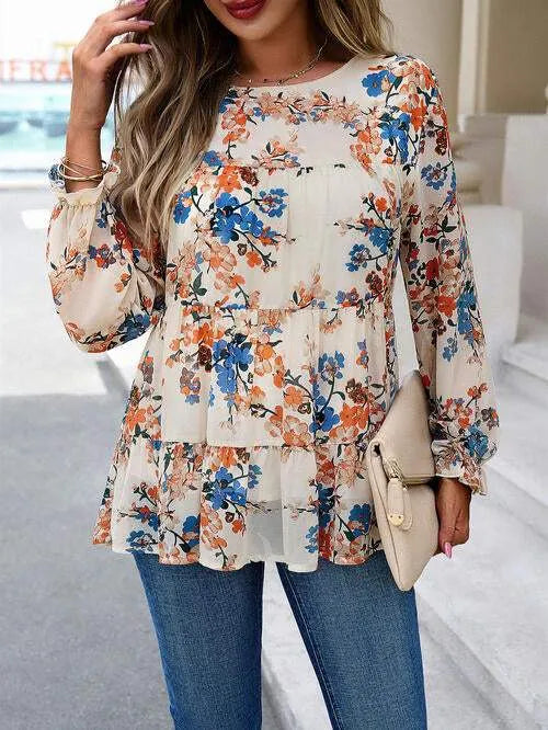 Printed Flounce Sleeve Tiered Blouse Blouses - Tophatter Daily Deals