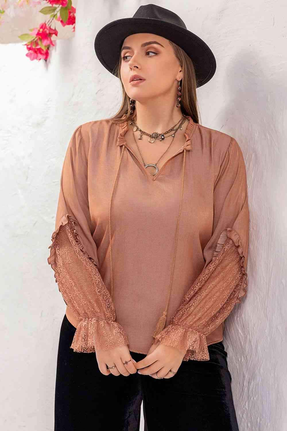 Plus Size Tie Neck Flounce Sleeve Blouse Blouses - Tophatter Daily Deals