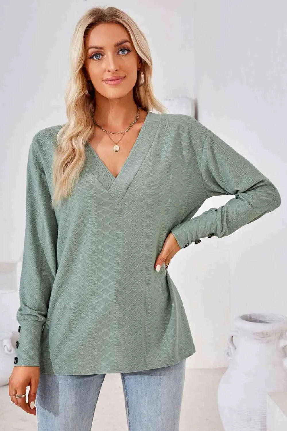 V-Neck Long Sleeve Blouse Blouses - Tophatter Daily Deals