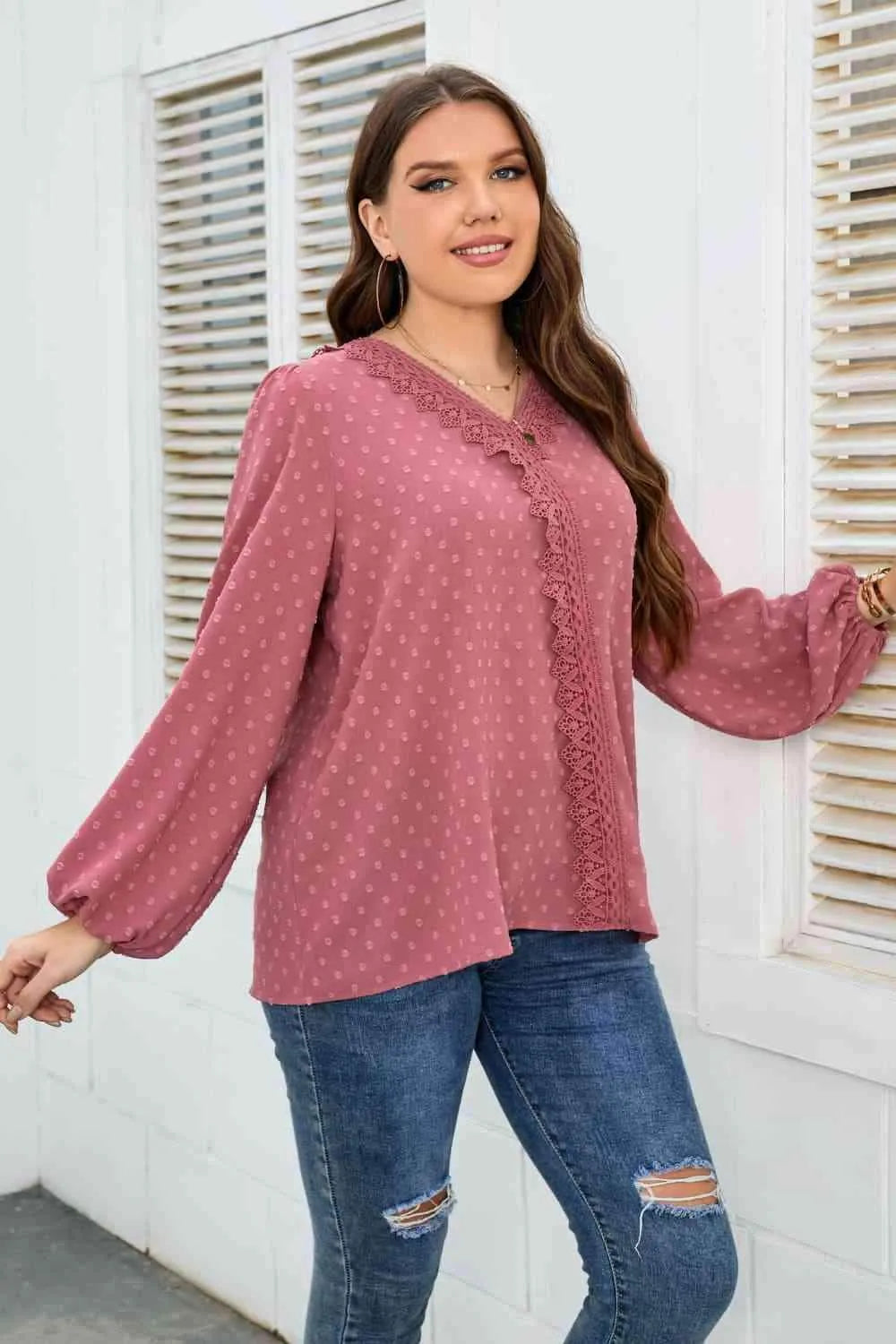 Melo Apparel Plus Size Lace Trim V-Neck Balloon Sleeve Blouse Blouses - Tophatter Daily Deals