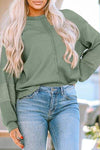 Waffle-Knit Exposed Seam Lantern Sleeve Blouse Sage Blouses - Tophatter Daily Deals