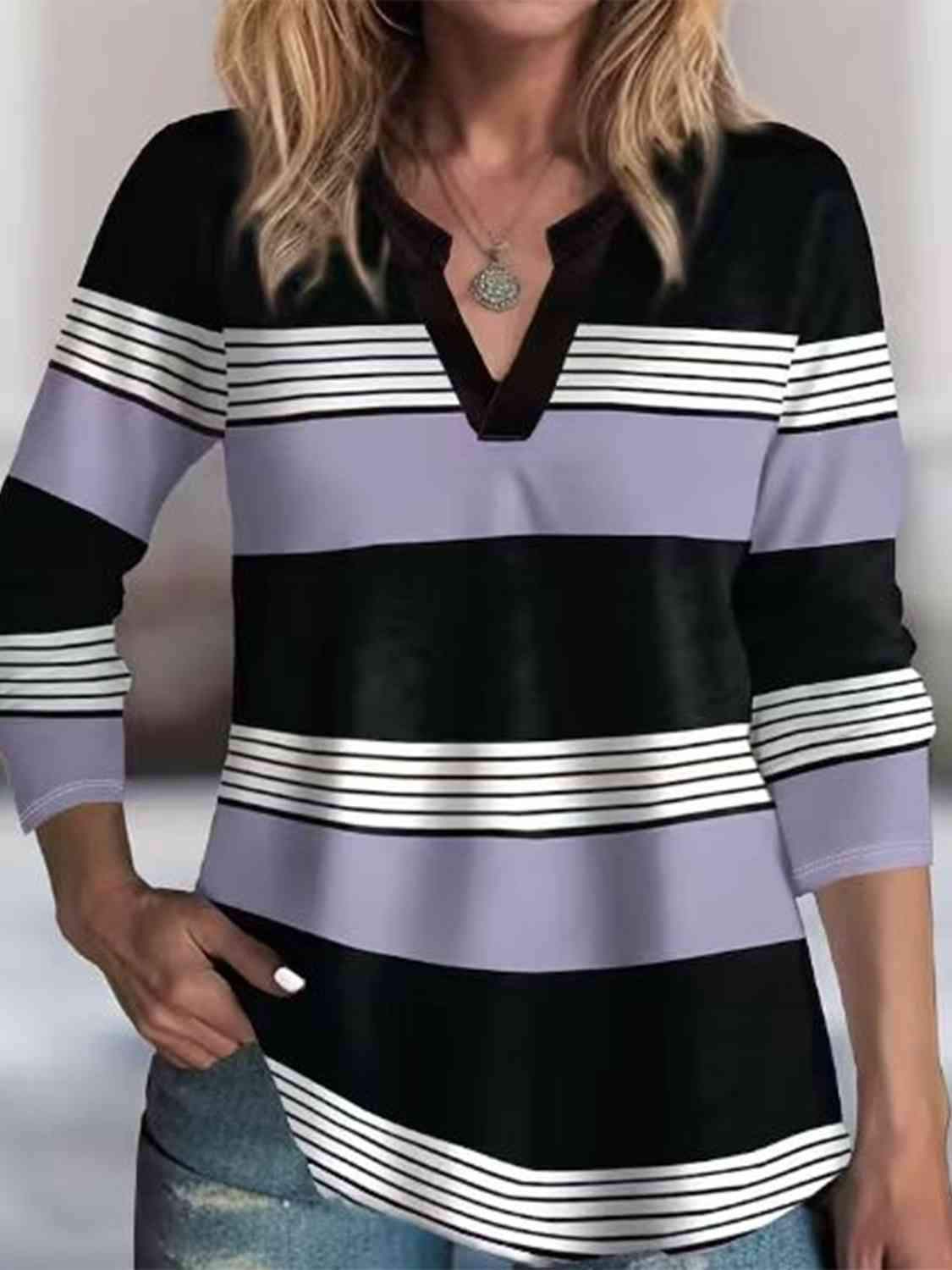 Striped Notched Long Sleeve T-Shirt Lavender Women's T-Shirts - Tophatter Daily Deals