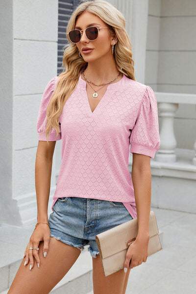 Eyelet Notched Puff Sleeve T-Shirt Women's T-Shirts - Tophatter Daily Deals