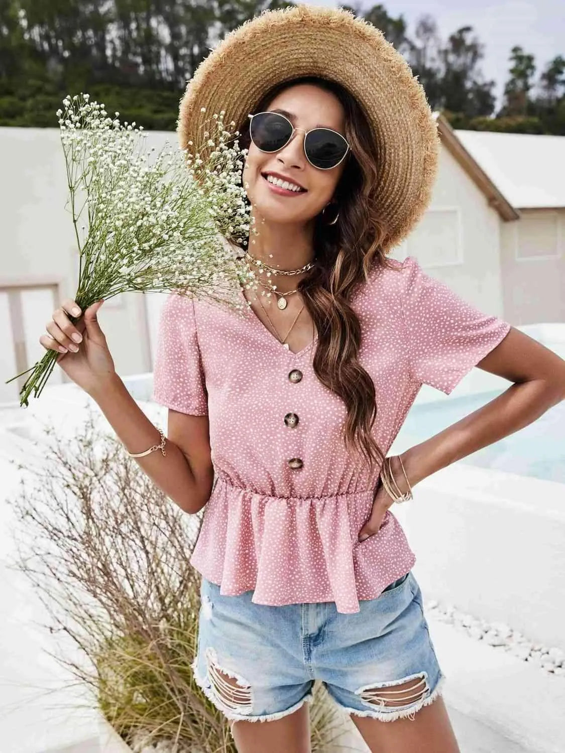 Printed V-Neck Decorative Button Blouse Blush Pink Blouses - Tophatter Daily Deals