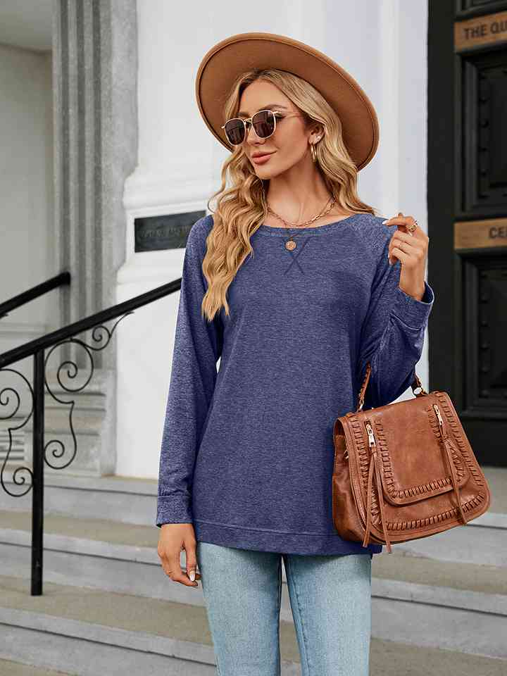 Round Neck Long Sleeve T-Shirt Peacock Blue Women's T-Shirts - Tophatter Daily Deals