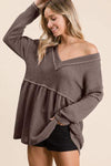 BiBi Waffle Knit V-Neck Babydoll Blouse Blouses - Tophatter Daily Deals